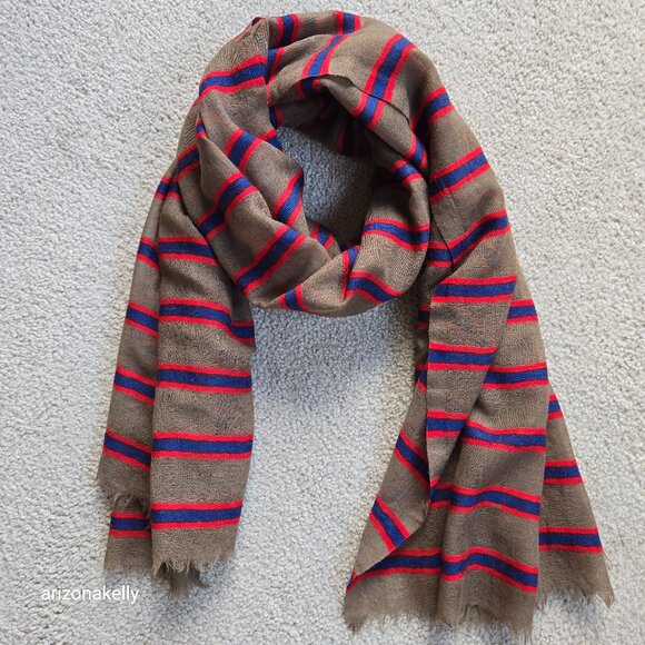 NWOT Wool Lightweight Woven Scarf Wrap Tan With Blue & Red Stripes - Picture 1 of 9